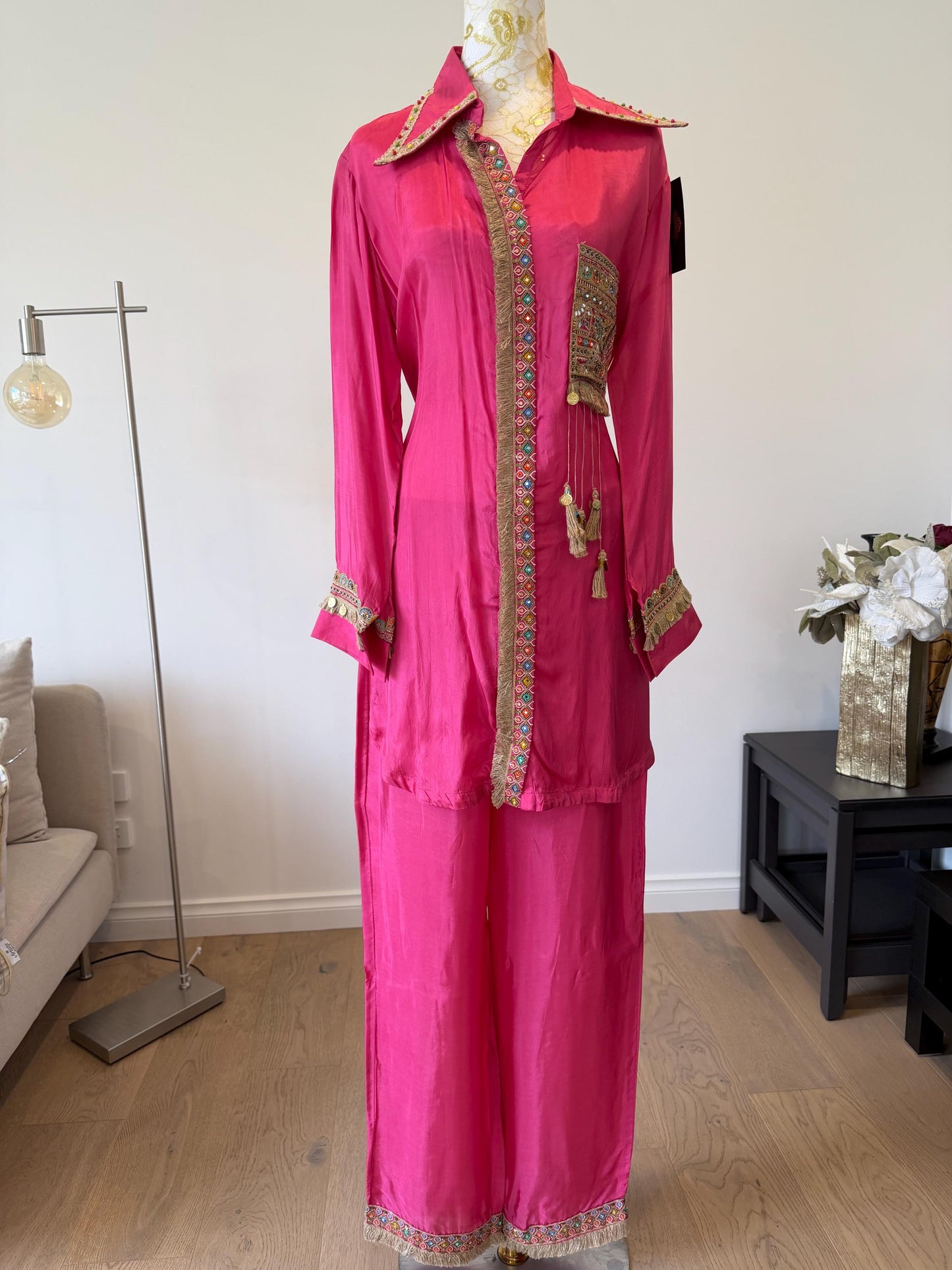 Pink Silk Boho Coord Set | Mirror Work Embroidered Indo Western Outfit