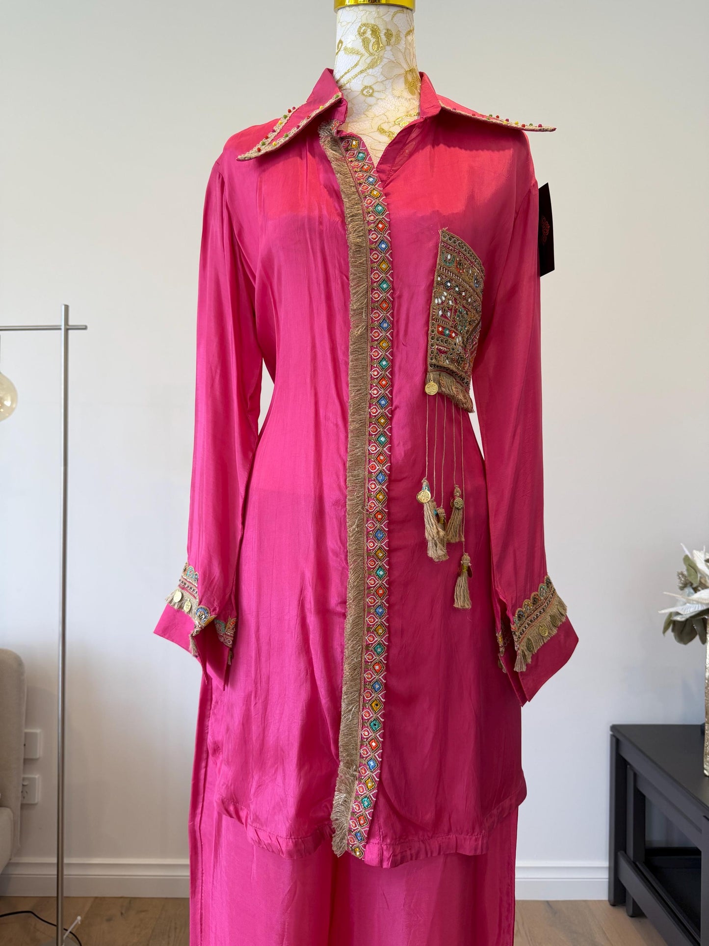 Pink Silk Boho Coord Set | Mirror Work Embroidered Indo Western Outfit