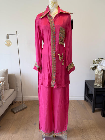 Pink Silk Boho Coord Set | Mirror Work Embroidered Indo Western Outfit