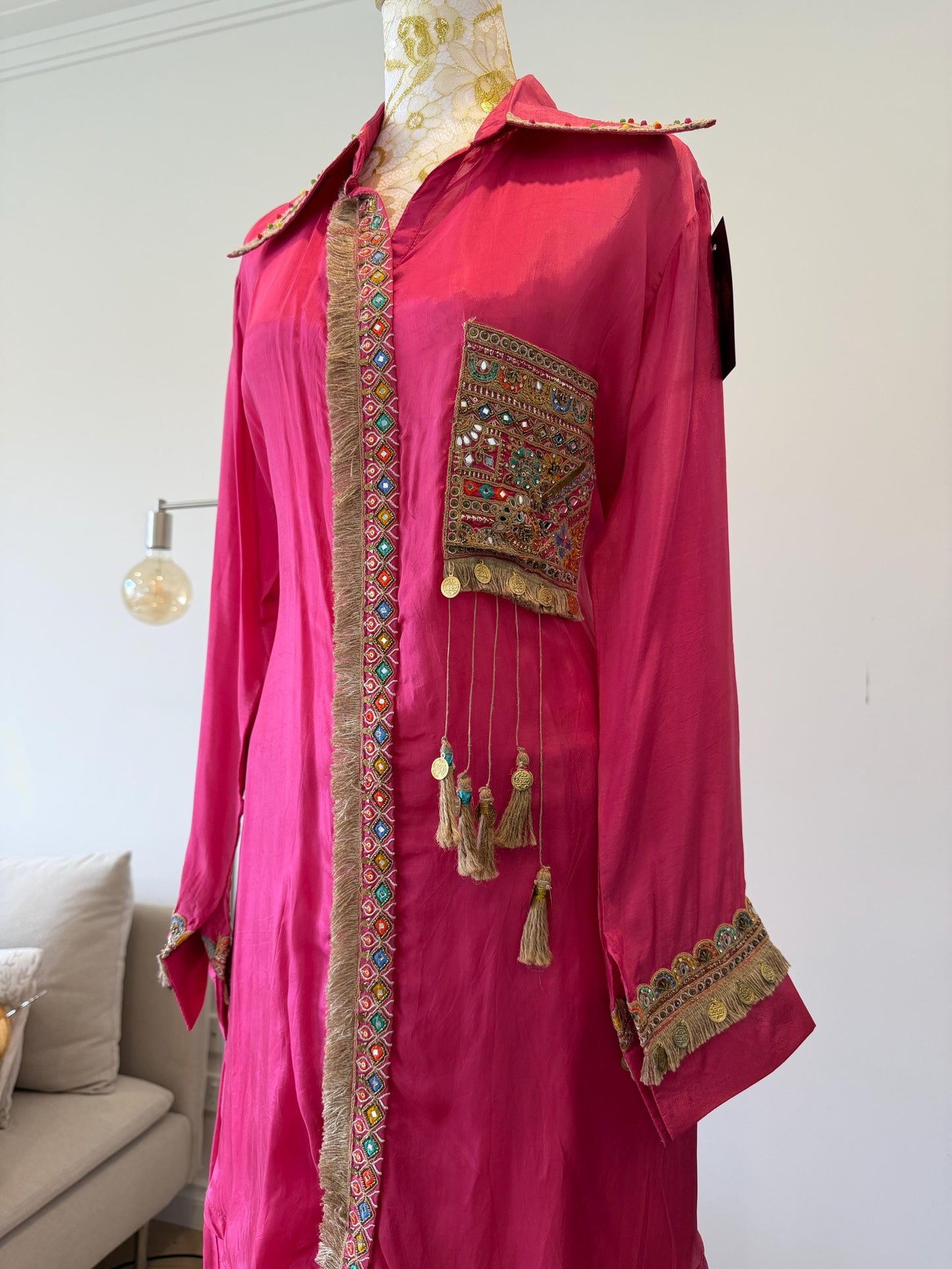 Pink Silk Boho Coord Set | Mirror Work Embroidered Indo Western Outfit