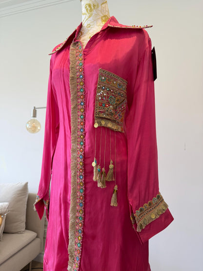 Pink Silk Boho Coord Set | Mirror Work Embroidered Indo Western Outfit