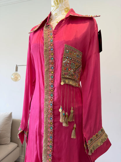 Pink Silk Boho Coord Set | Mirror Work Embroidered Indo Western Outfit
