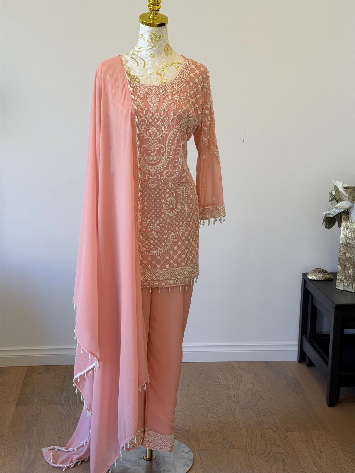 Peach Georgette Suit Set with Pearl Embroidery