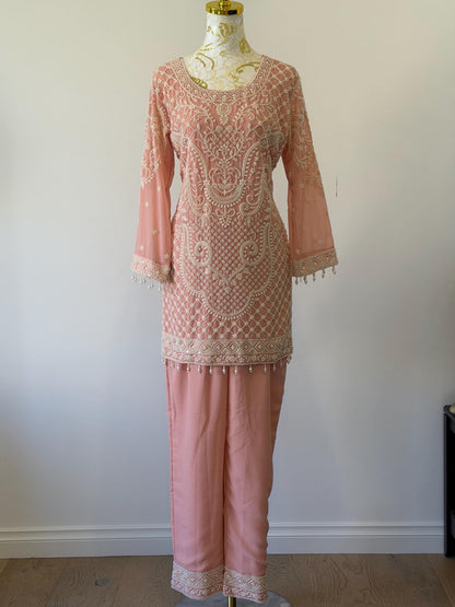 Peach Georgette Suit Set with Pearl Embroidery