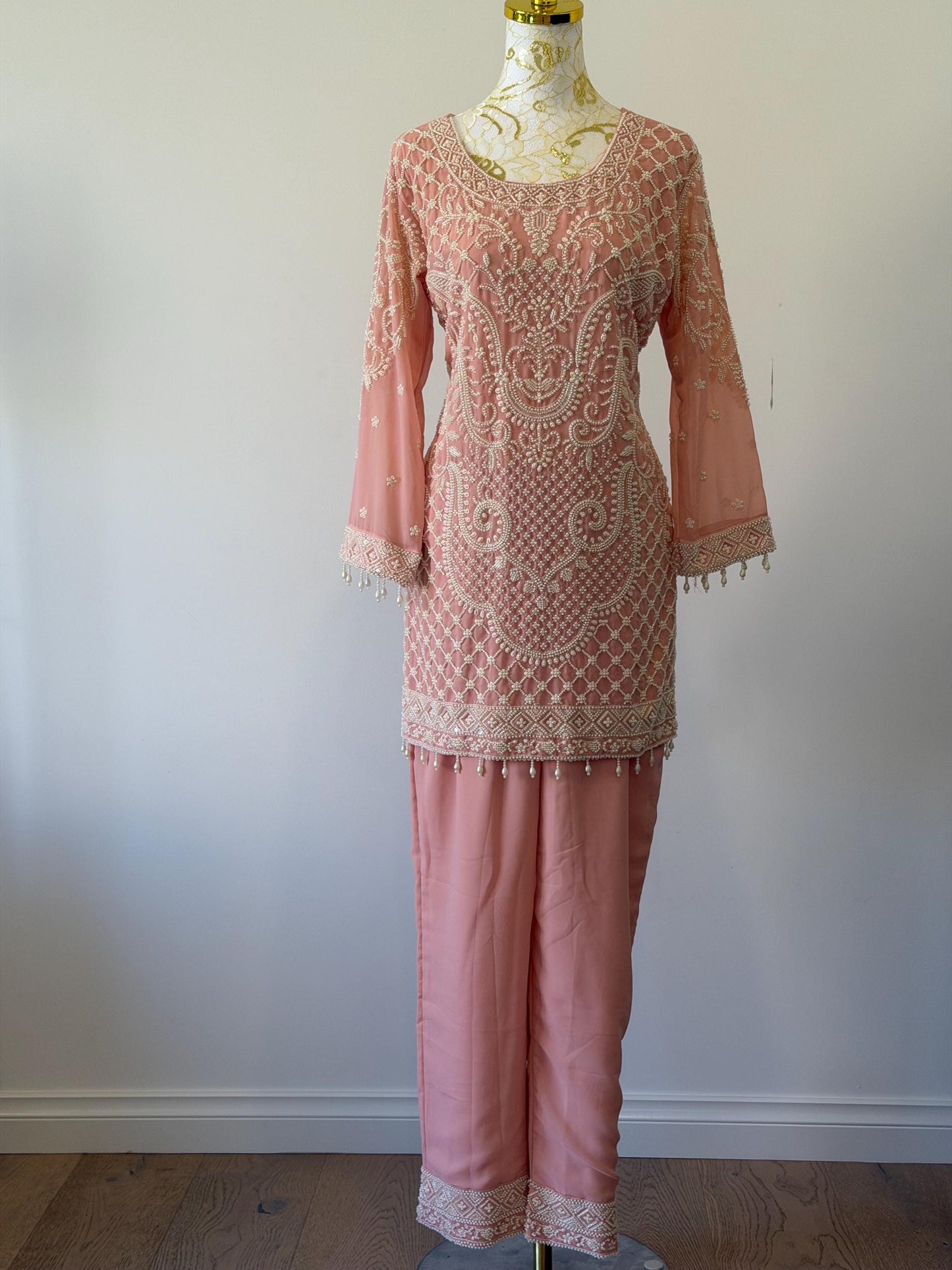 Peach Georgette Suit Set with Pearl Embroidery