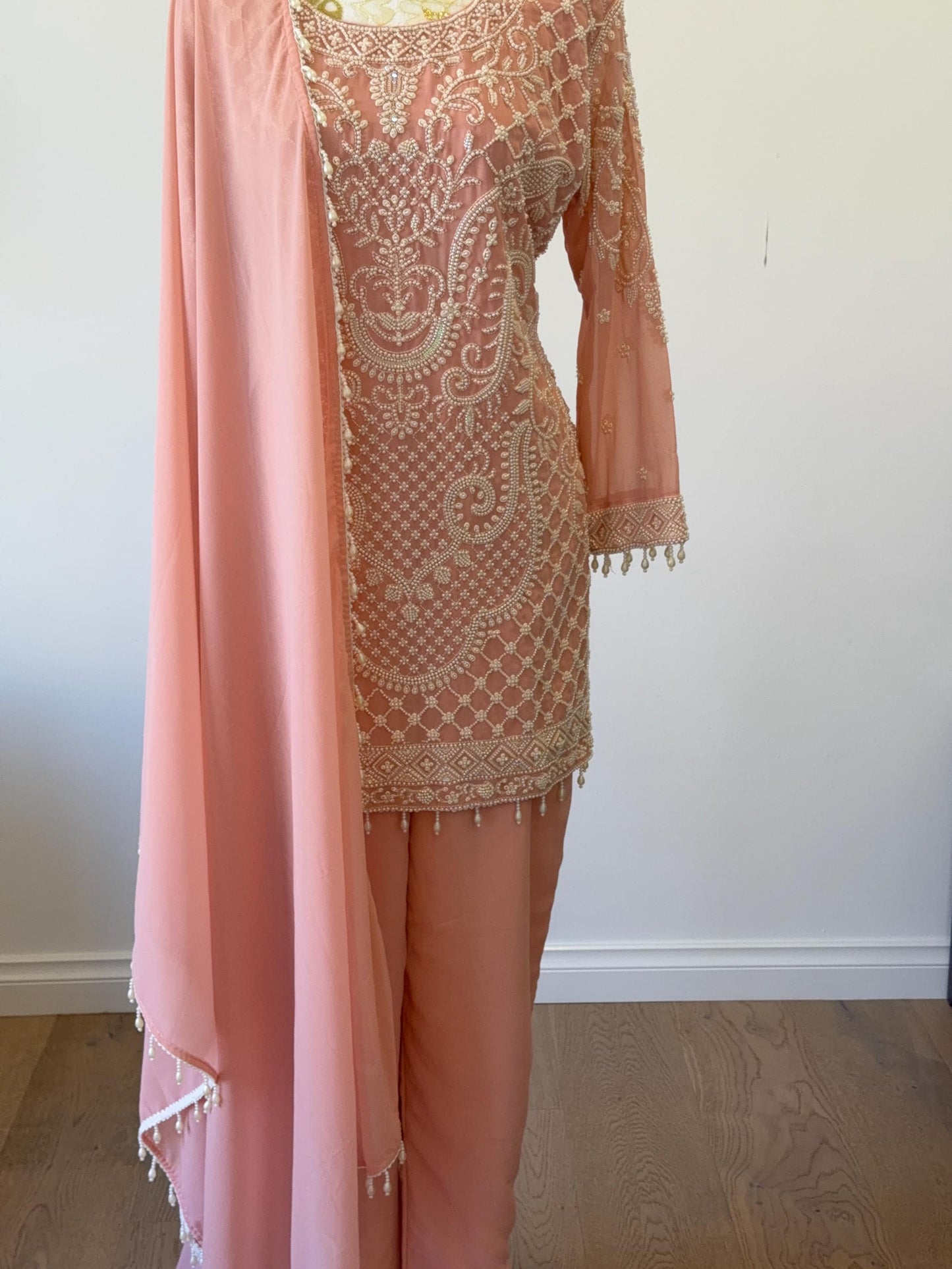 Peach Georgette Suit Set with Pearl Embroidery