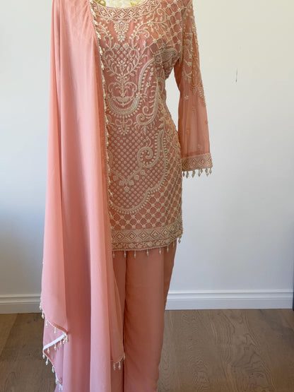 Peach Georgette Suit Set with Pearl Embroidery