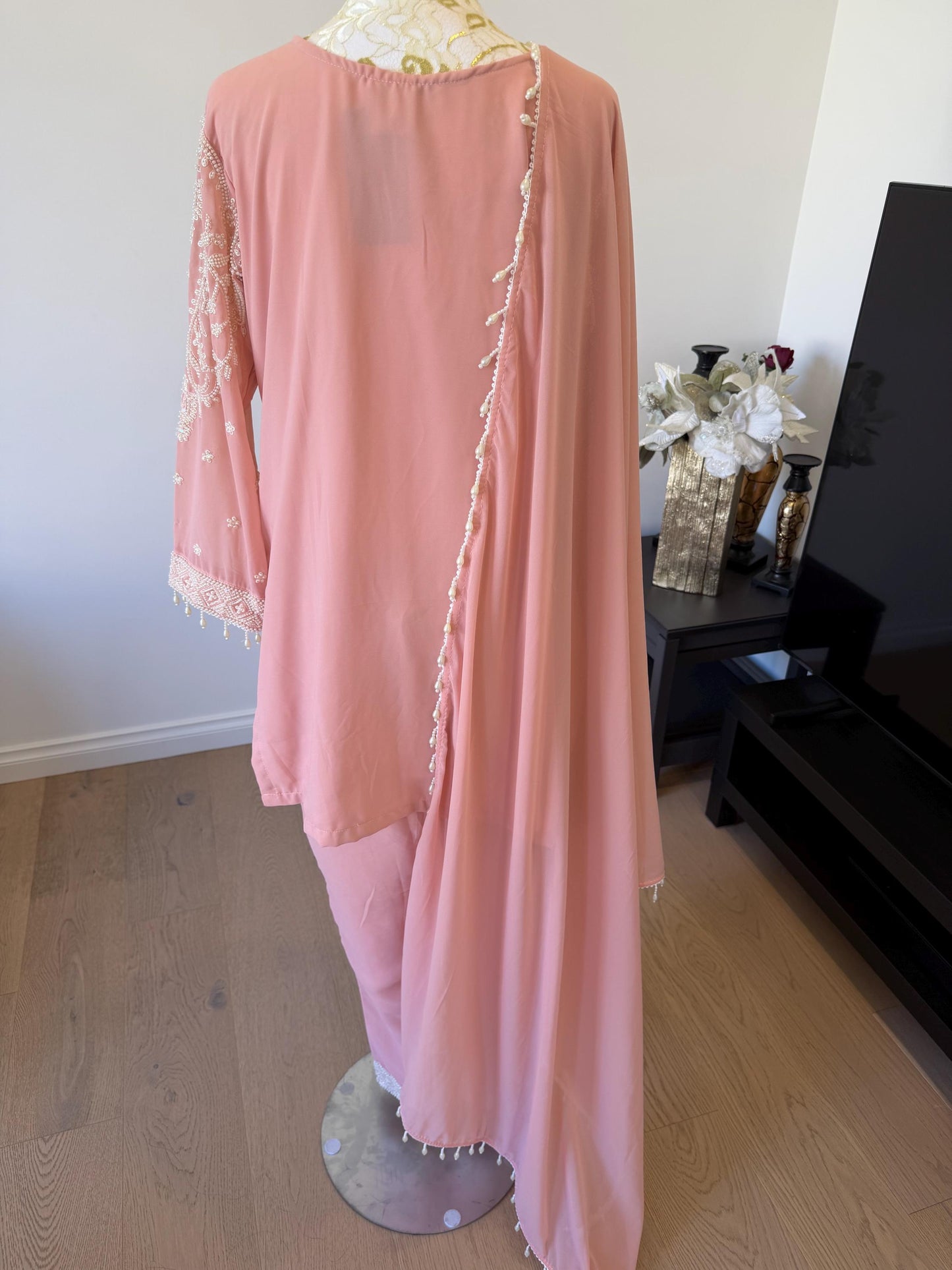 Peach Georgette Suit Set with Pearl Embroidery