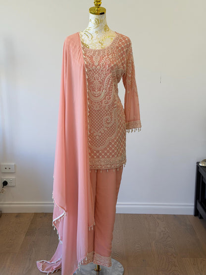 Peach Georgette Suit Set with Pearl Embroidery