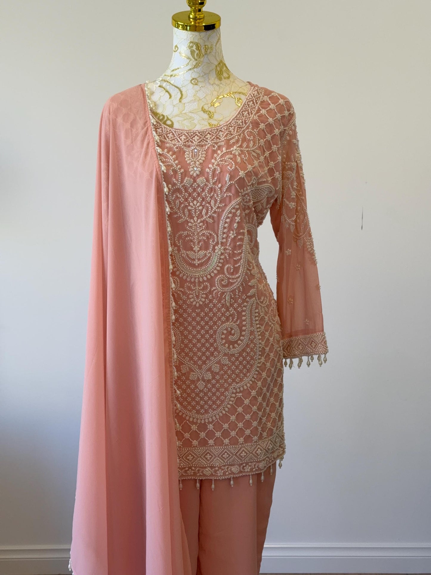 Peach Georgette Suit Set with Pearl Embroidery