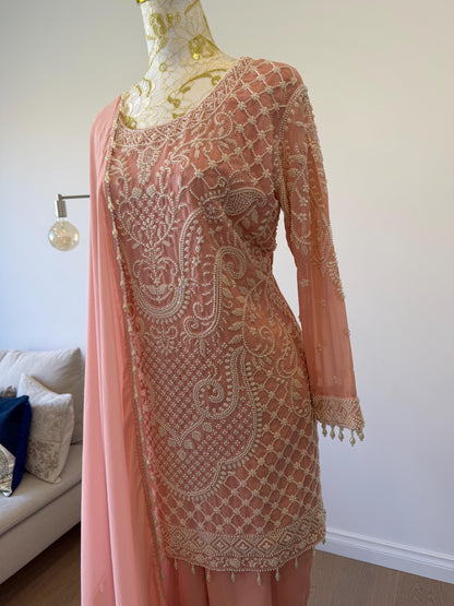 Peach Georgette Suit Set with Pearl Embroidery