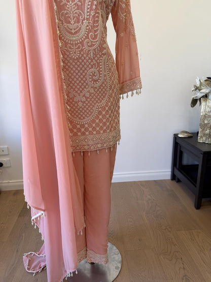 Peach Georgette Suit Set with Pearl Embroidery