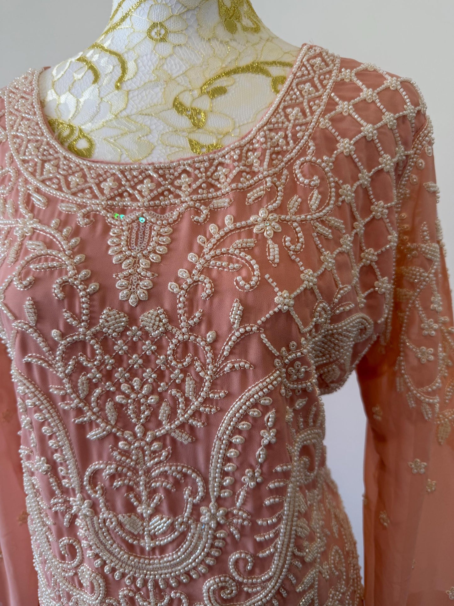Peach Georgette Suit Set with Pearl Embroidery