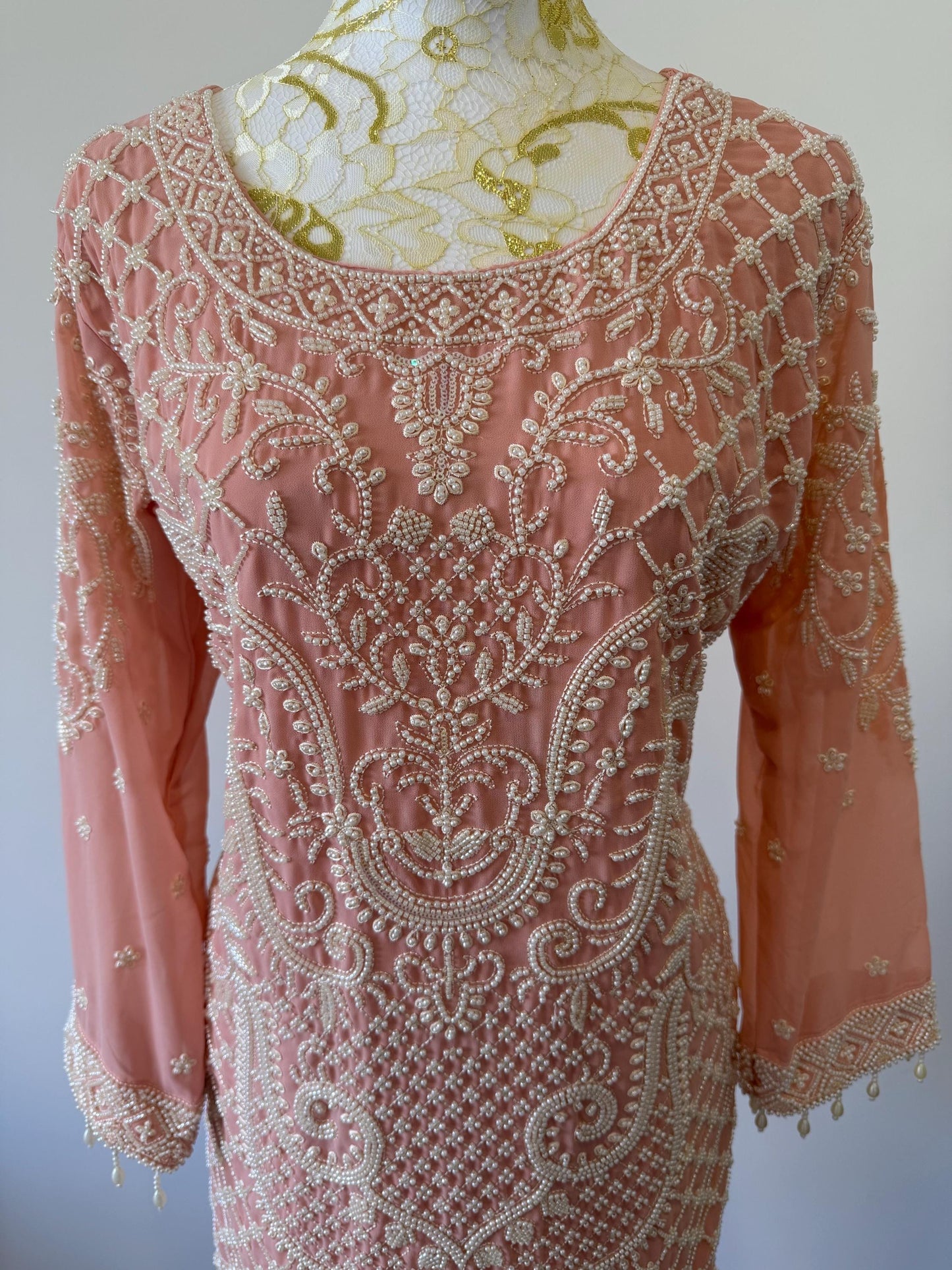 Peach Georgette Suit Set with Pearl Embroidery