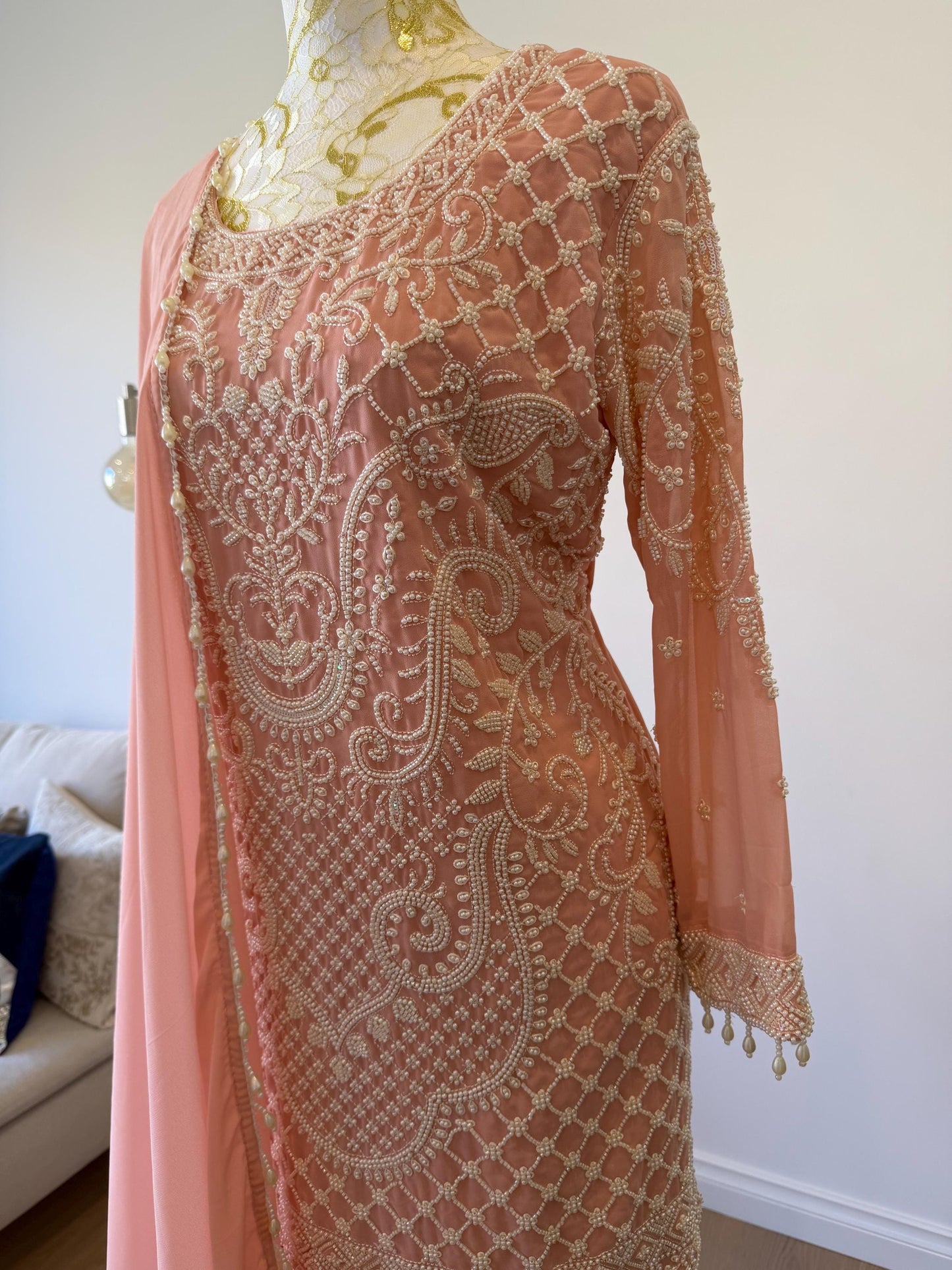 Peach Georgette Suit Set with Pearl Embroidery