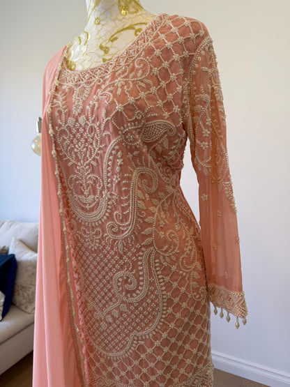 Peach Georgette Suit Set with Pearl Embroidery