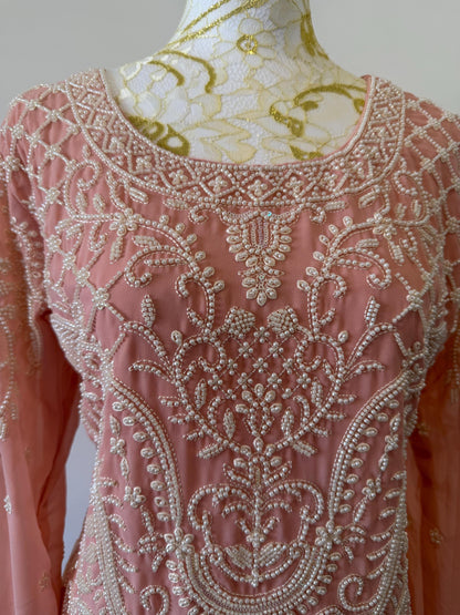 Peach Georgette Suit Set with Pearl Embroidery