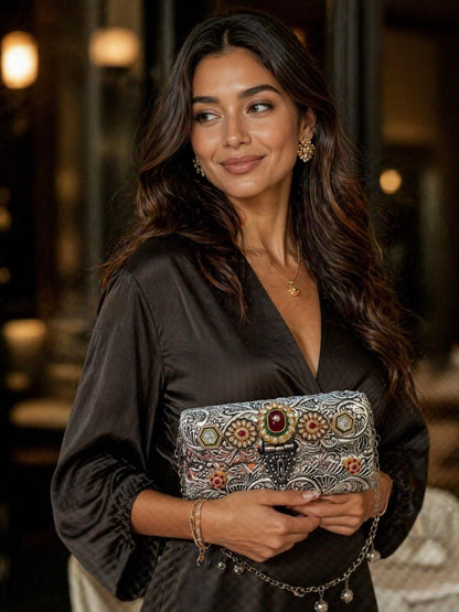 Oxidised Metal Clutch Bag, Ethnic Statement Bag with Stone Work