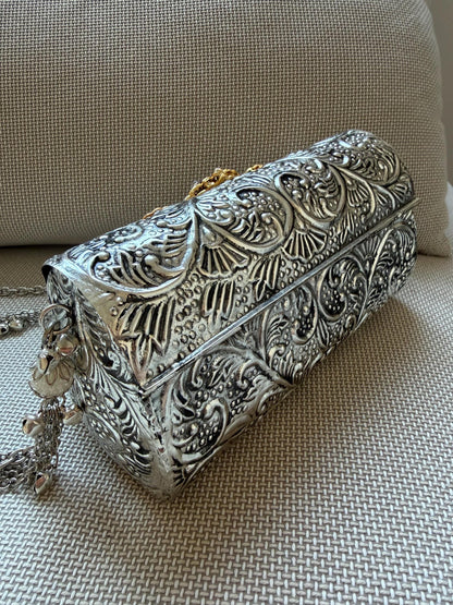 Oxidised Metal Clutch Bag, Ethnic Statement Bag with Stone Work