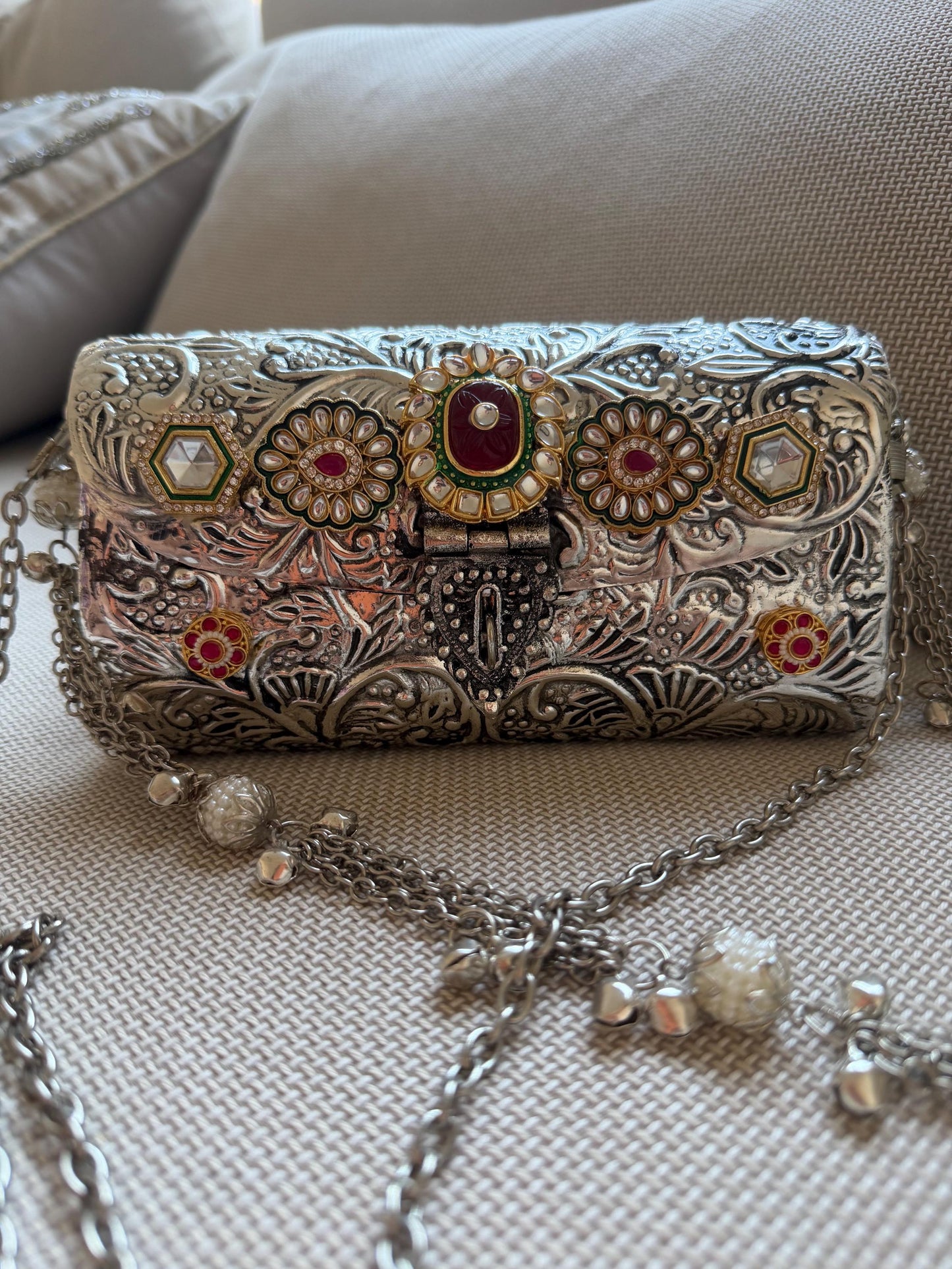 Oxidised Metal Clutch Bag, Ethnic Statement Bag with Stone Work