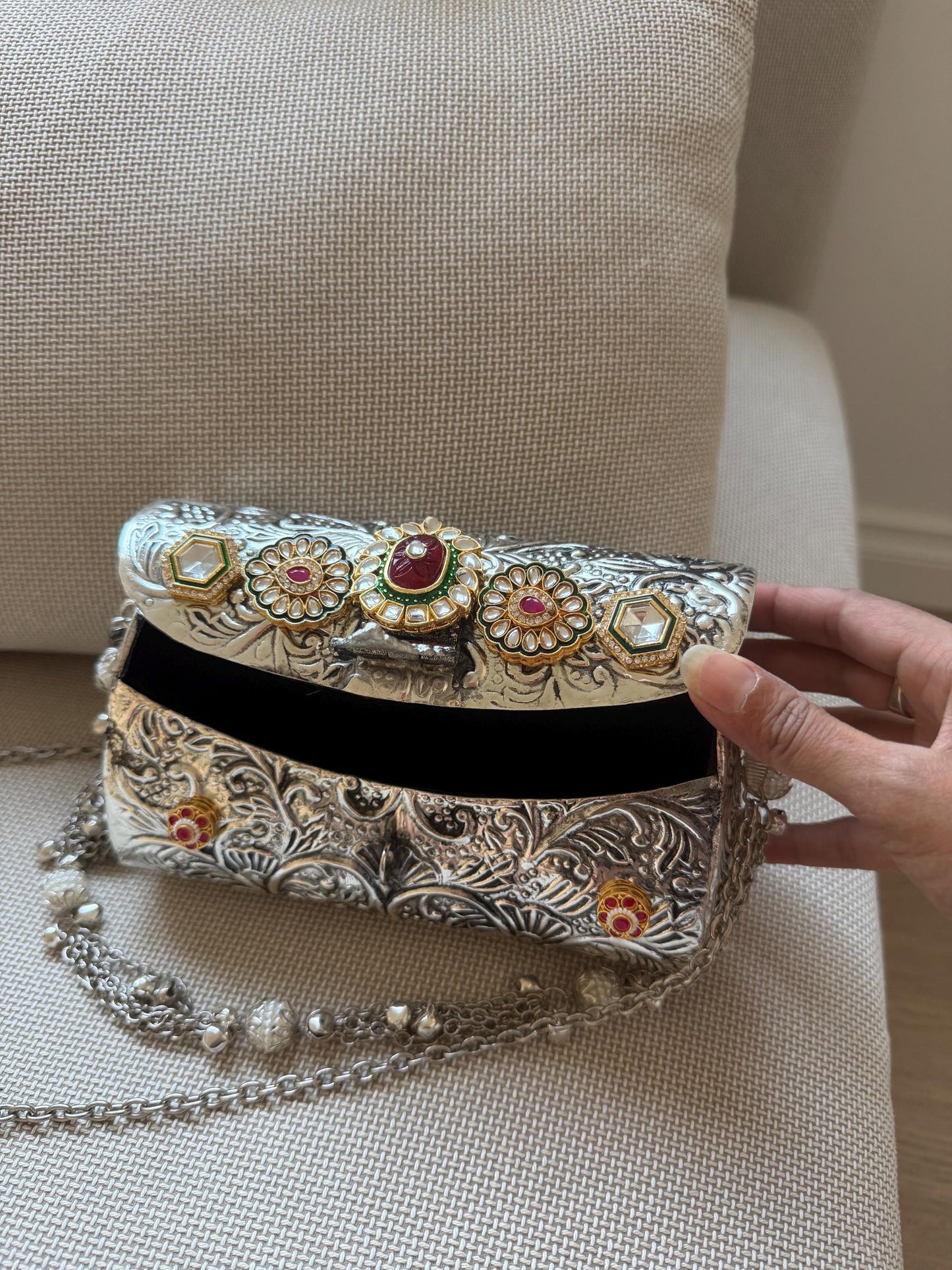 Oxidised Metal Clutch Bag, Ethnic Statement Bag with Stone Work