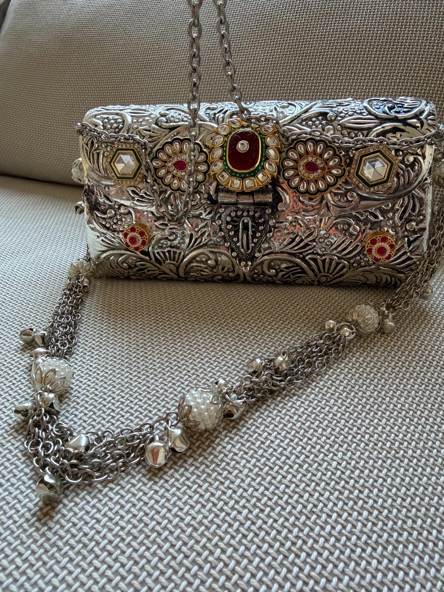 Oxidised Metal Clutch Bag, Ethnic Statement Bag with Stone Work