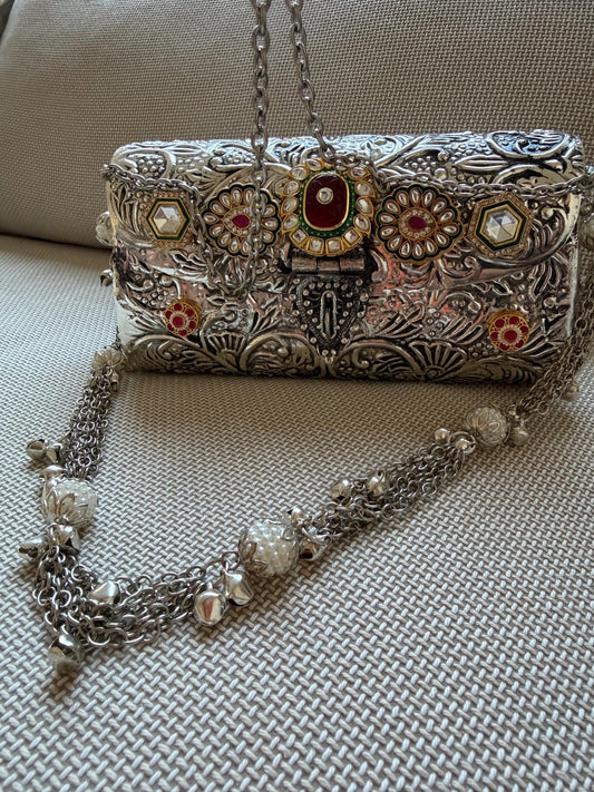 Oxidised Metal Clutch Bag, Ethnic Statement Bag with Stone Work