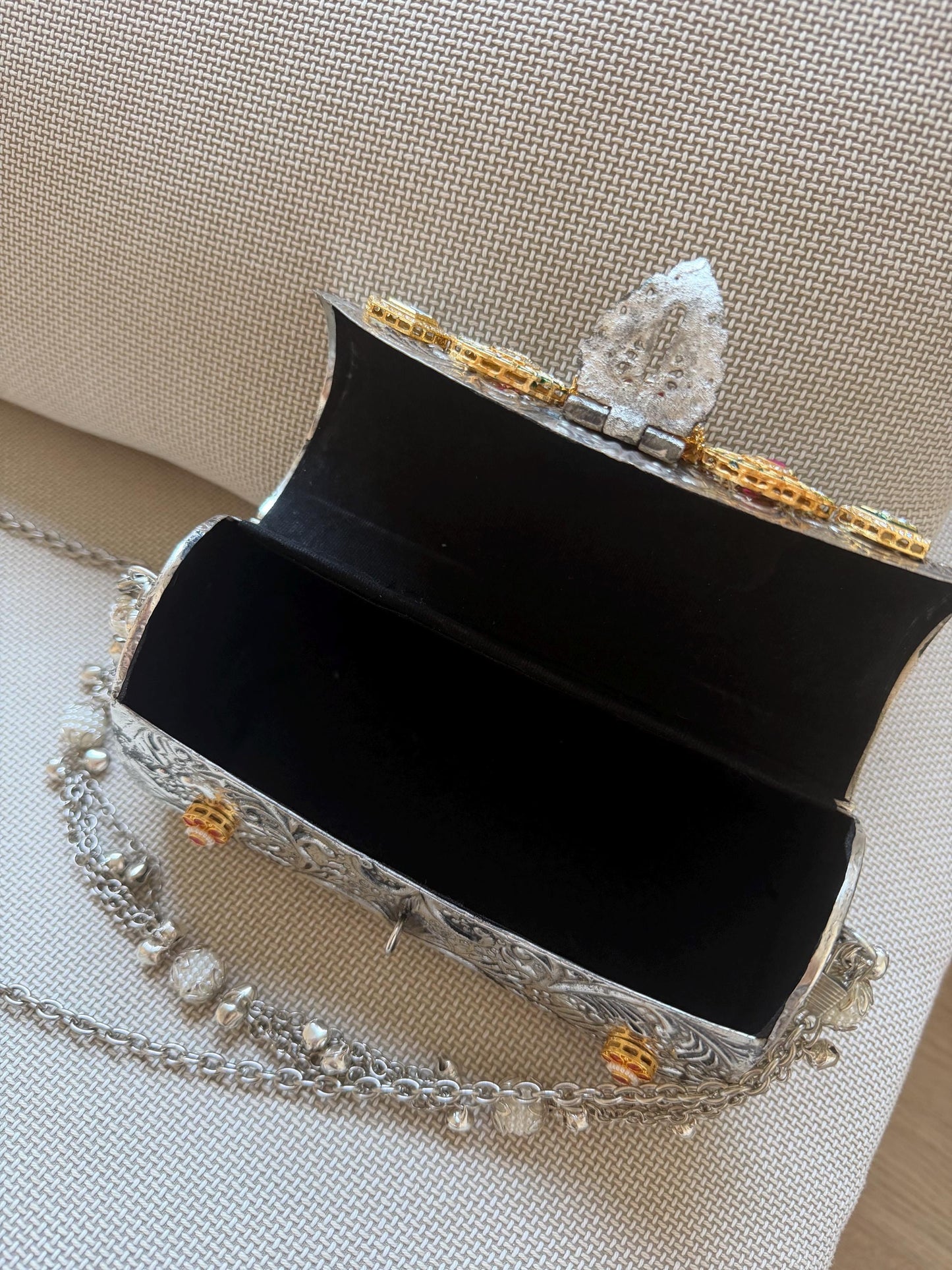 Oxidised Metal Clutch Bag, Ethnic Statement Bag with Stone Work