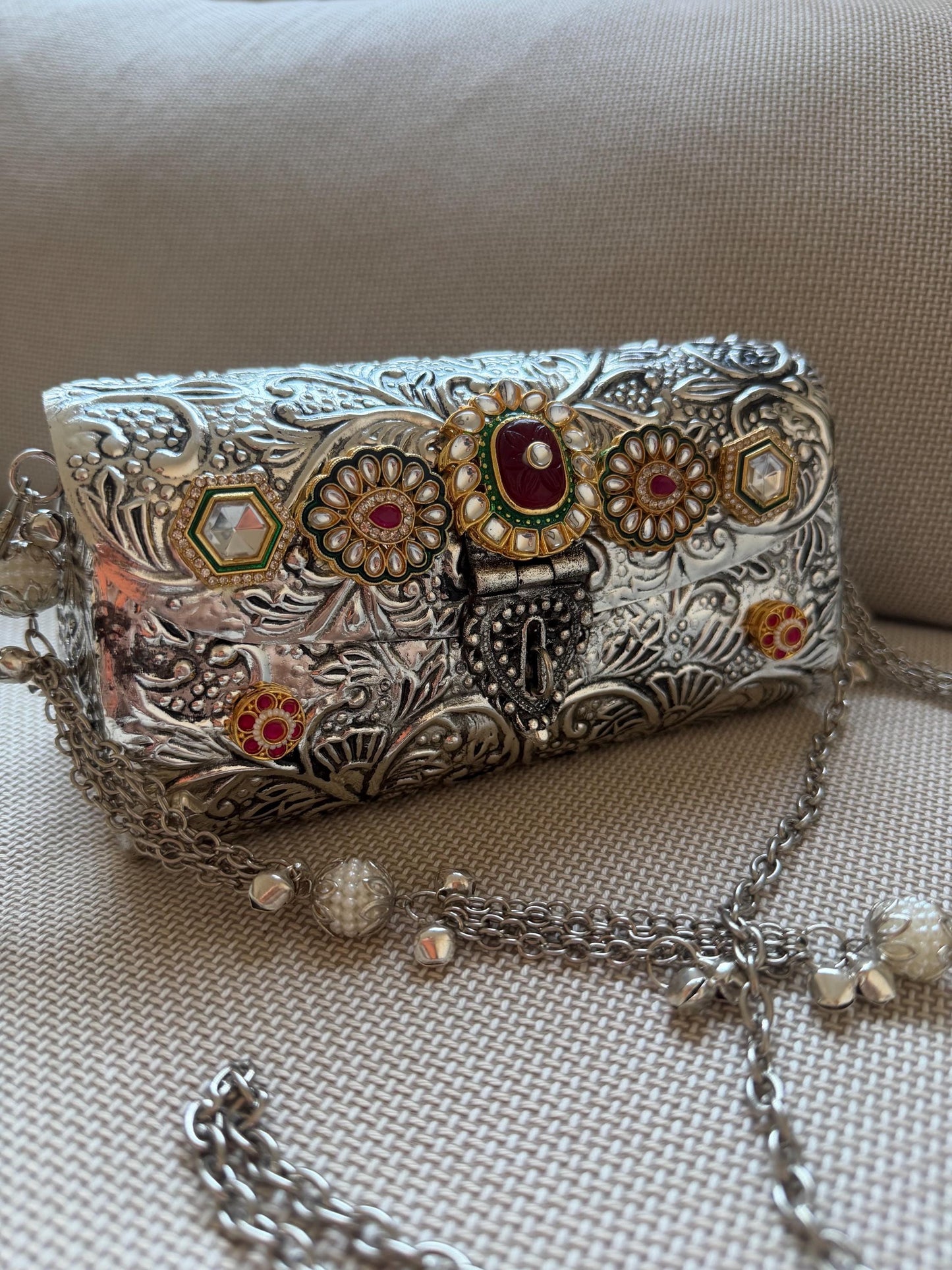 Oxidised Metal Clutch Bag, Ethnic Statement Bag with Stone Work