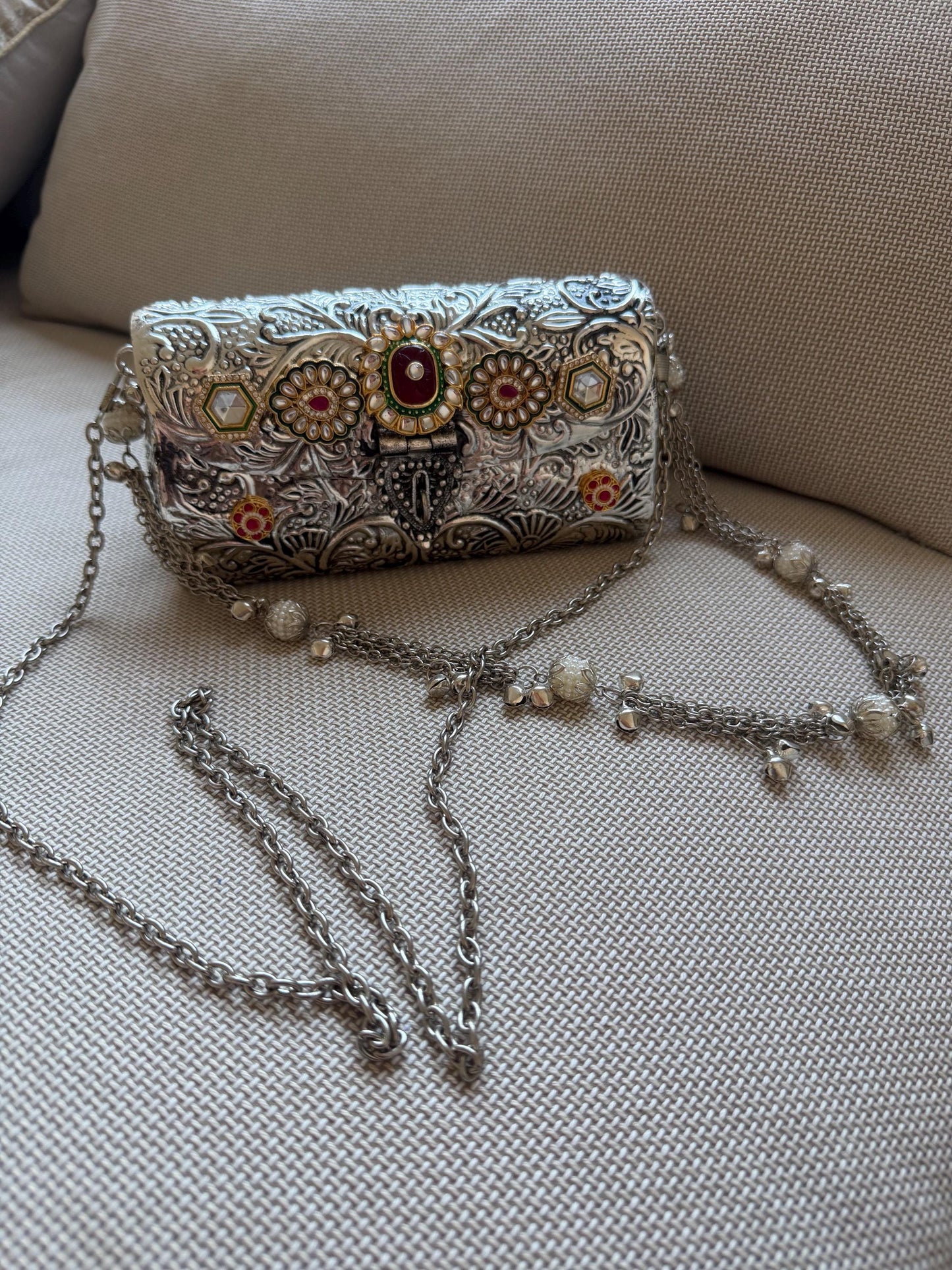 Oxidised Metal Clutch Bag, Ethnic Statement Bag with Stone Work