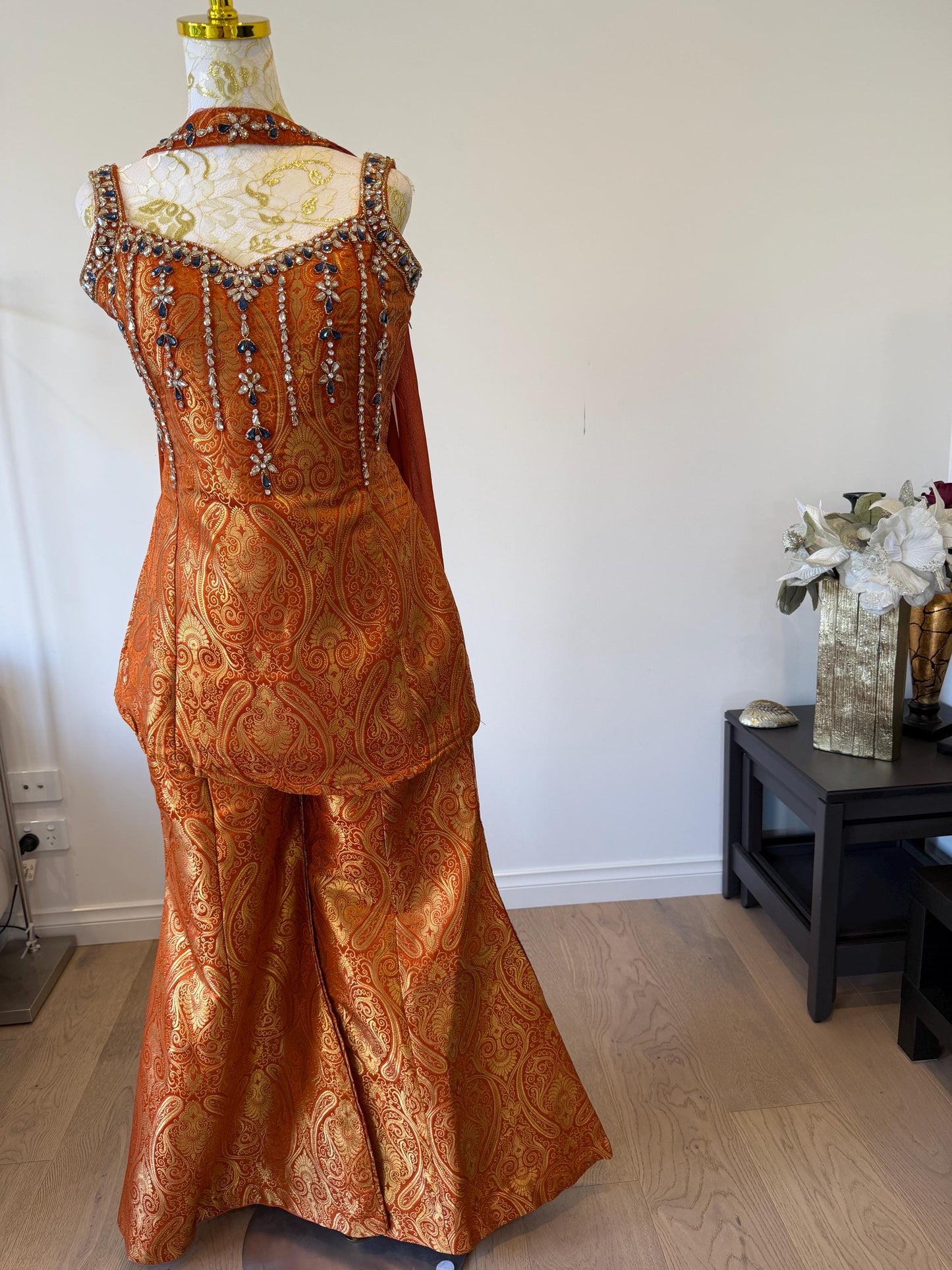 Orange Brocade Silk Indo Western Set