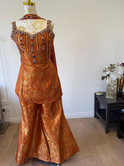 Orange Brocade Silk Indo Western Set