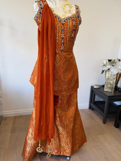Orange Brocade Silk Indo Western Set