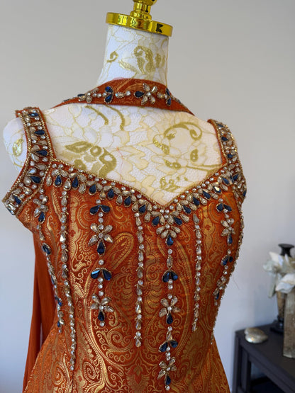 Orange Brocade Silk Indo Western Set
