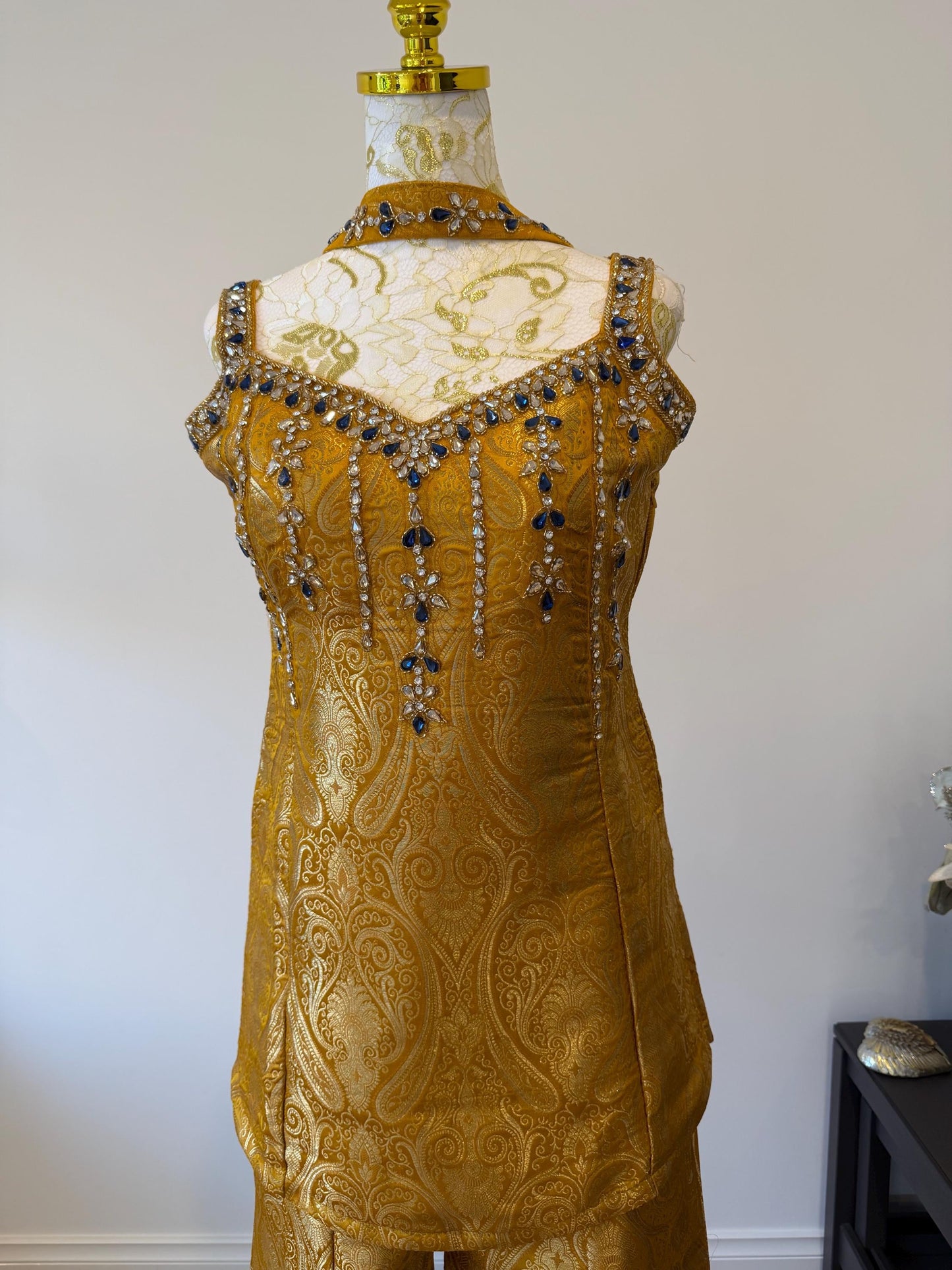 Mustard Brocade Silk Indo Western Set