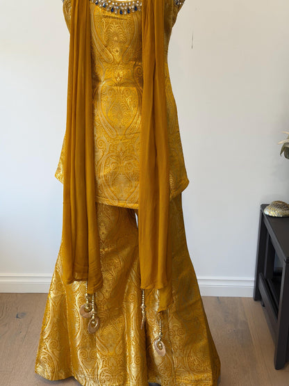 Mustard Brocade Silk Indo Western Set