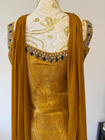 Mustard Brocade Silk Indo Western Set