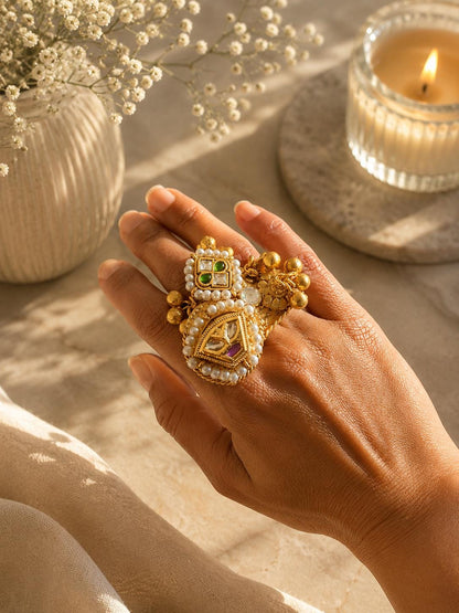 Kashmiri Style Statement Ring | Gold Pearl Ethnic Boho Cocktail Jewellery