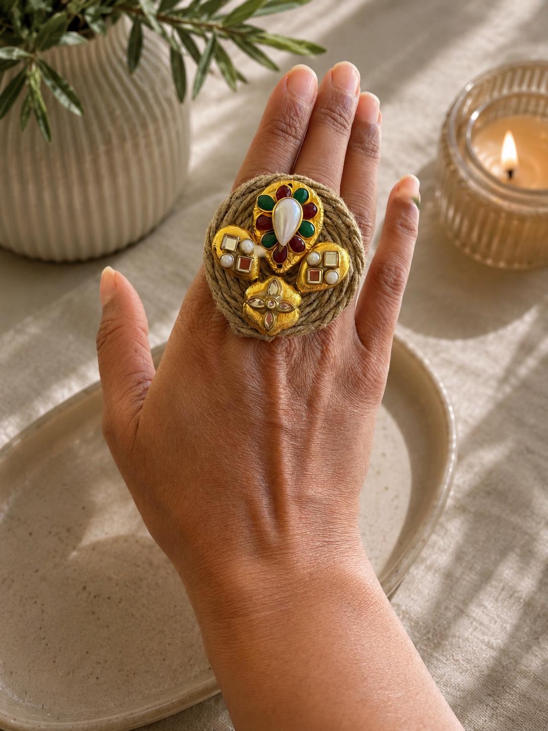 Kashmiri Style Statement Ring | Gold Pearl Ethnic Boho Cocktail Jewellery