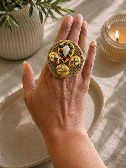 Kashmiri Style Statement Ring | Gold Pearl Ethnic Boho Cocktail Jewellery