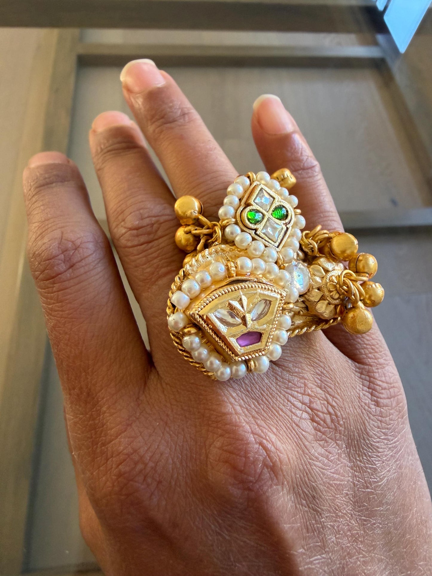 Kashmiri Style Statement Ring | Gold Pearl Ethnic Boho Cocktail Jewellery