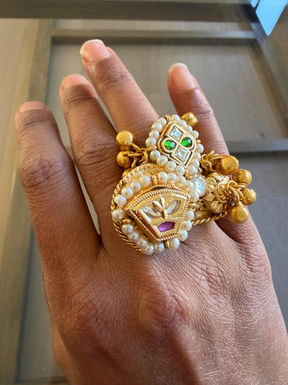 Kashmiri Style Statement Ring | Gold Pearl Ethnic Boho Cocktail Jewellery