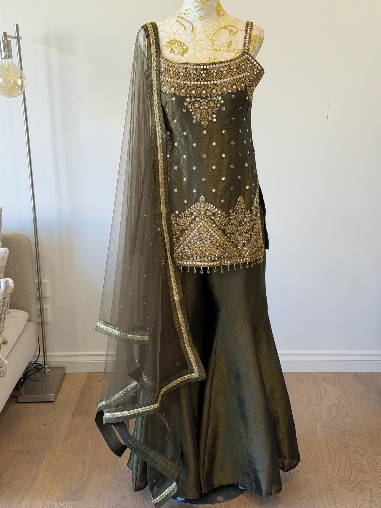 Olive Green Tissue Shimmer Palazzo Suit