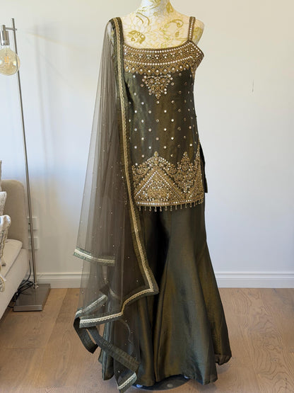 Olive Green Tissue Shimmer Palazzo Suit