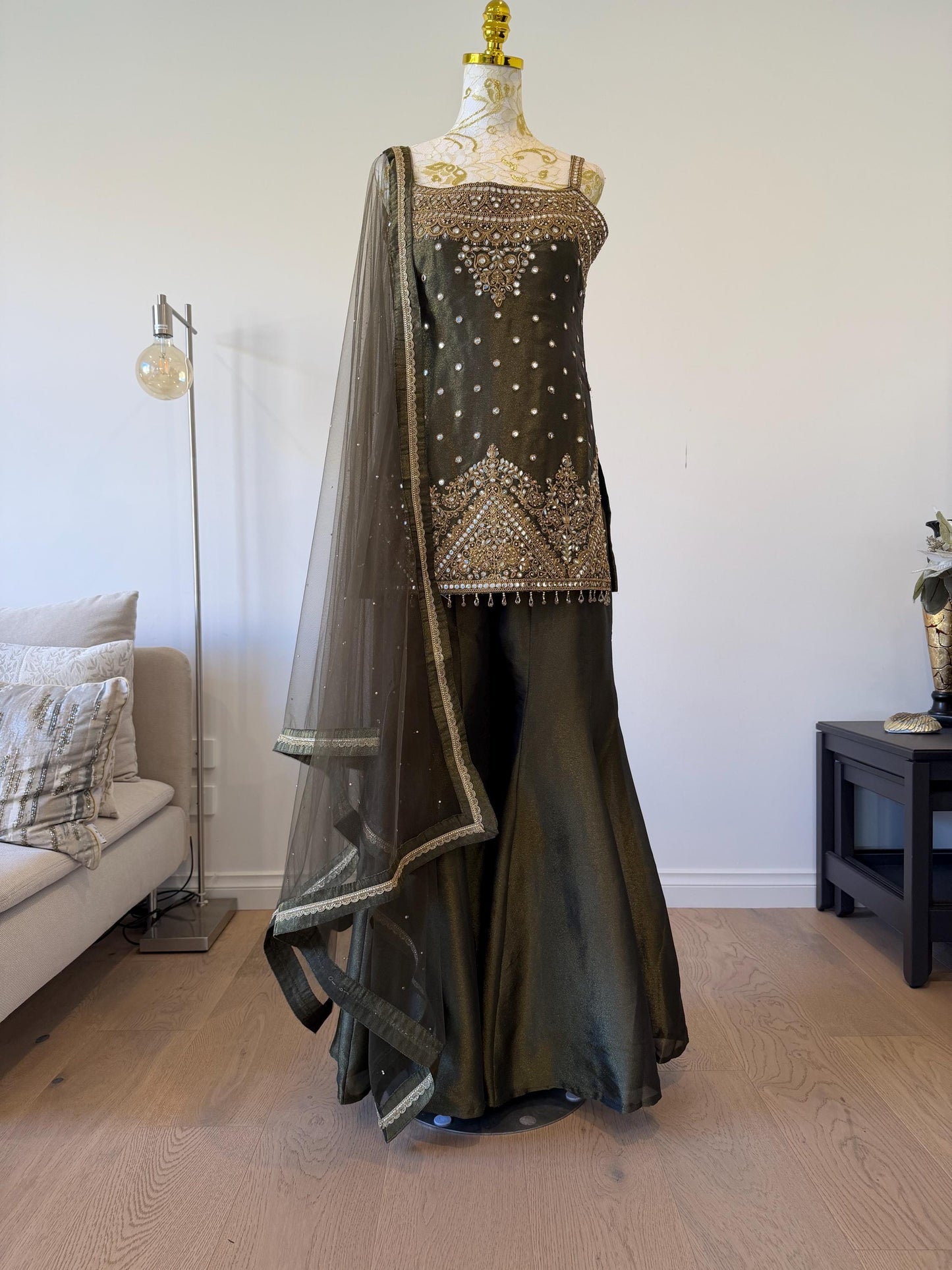 Olive Green Tissue Shimmer Palazzo Suit