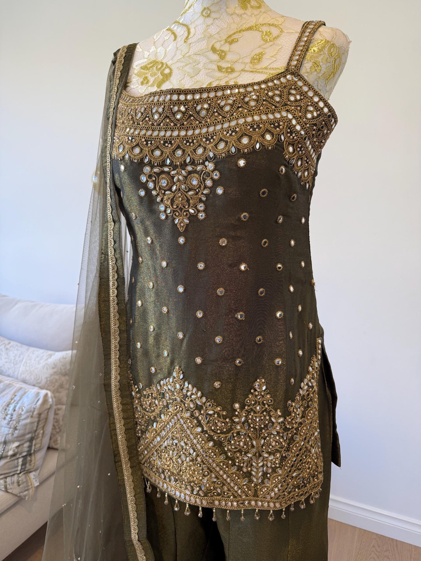 Olive Green Tissue Shimmer Palazzo Suit