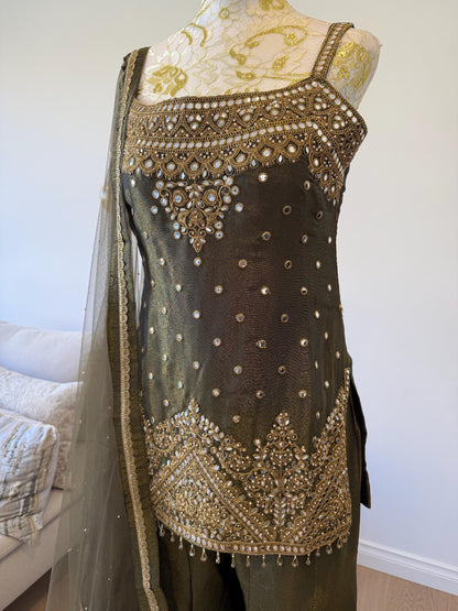 Olive Green Tissue Shimmer Palazzo Suit