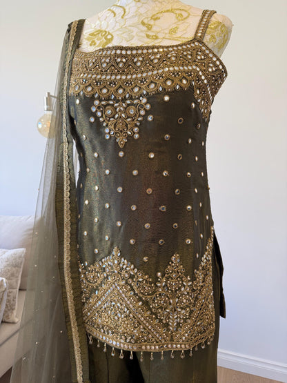Olive Green Tissue Shimmer Palazzo Suit
