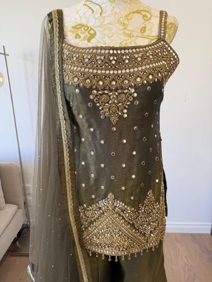 Olive Green Tissue Shimmer Palazzo Suit