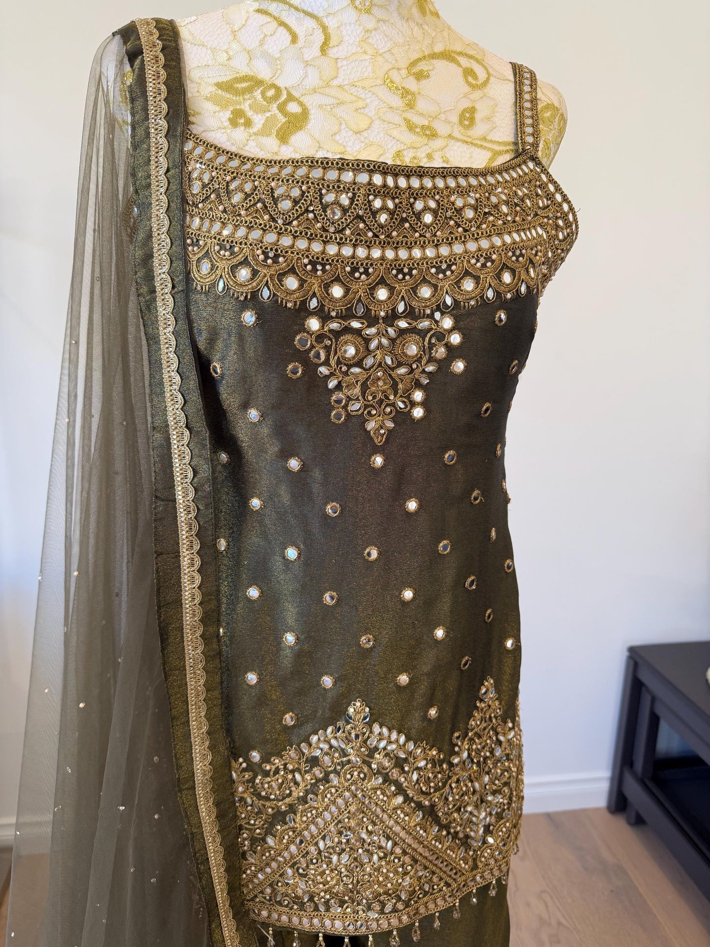 Olive Green Tissue Shimmer Palazzo Suit